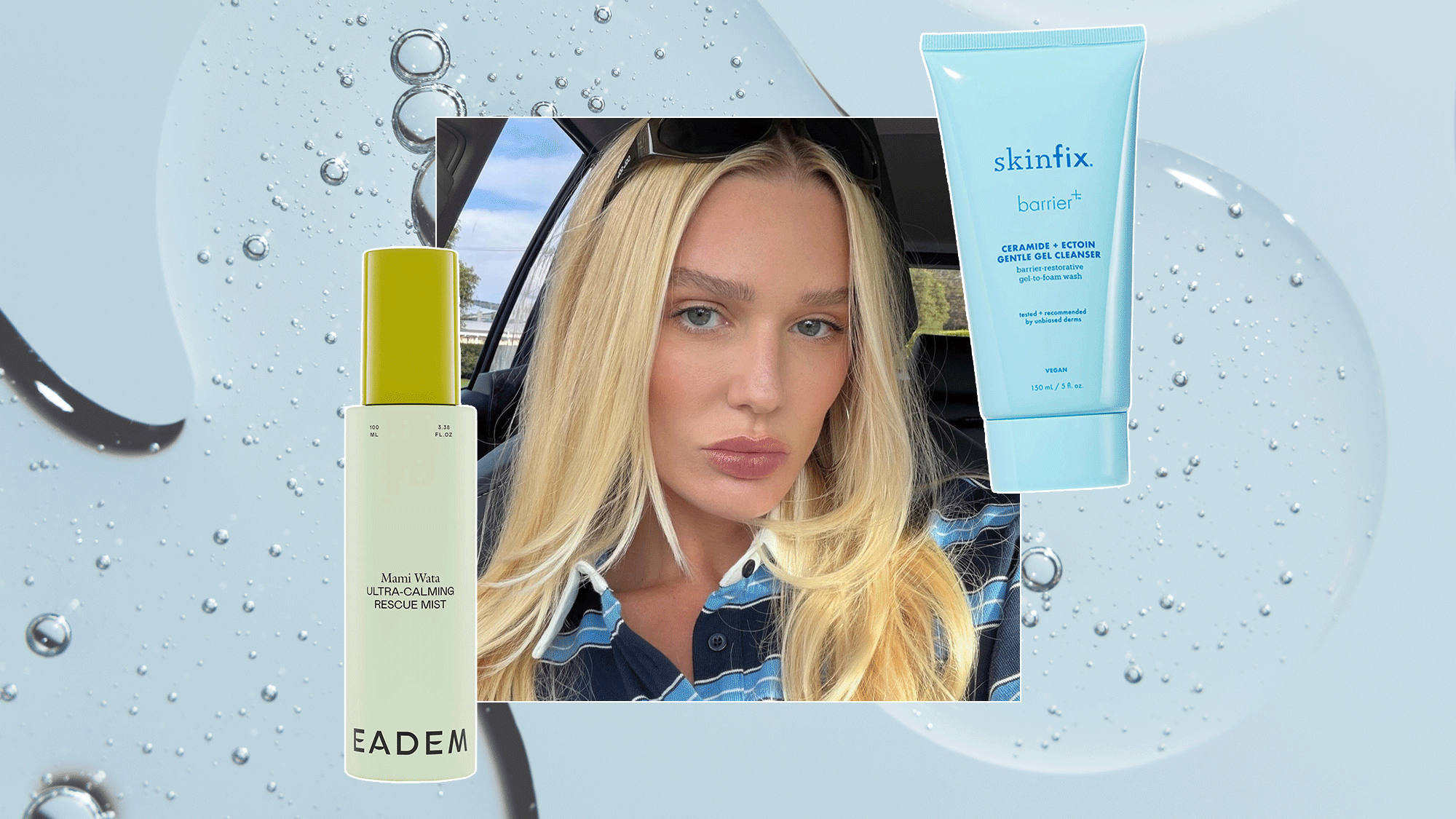 A GIF of three women with glowing skin against a blue backdrop of a skin serum with skincare products on either side