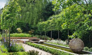 large garden ideas showing a modern narrow pool with a water feature at one end