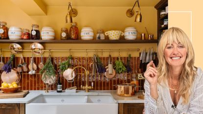Clodagh McKenna's kitchen and sink with Clodagh McKenna poised in front