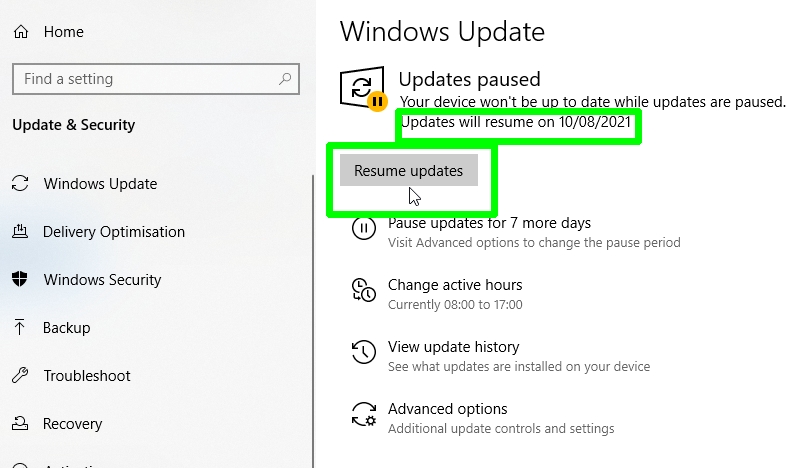 how to disable automatic updates - resume updates