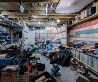 A garage with grey block walls and cluttered tools on the floor