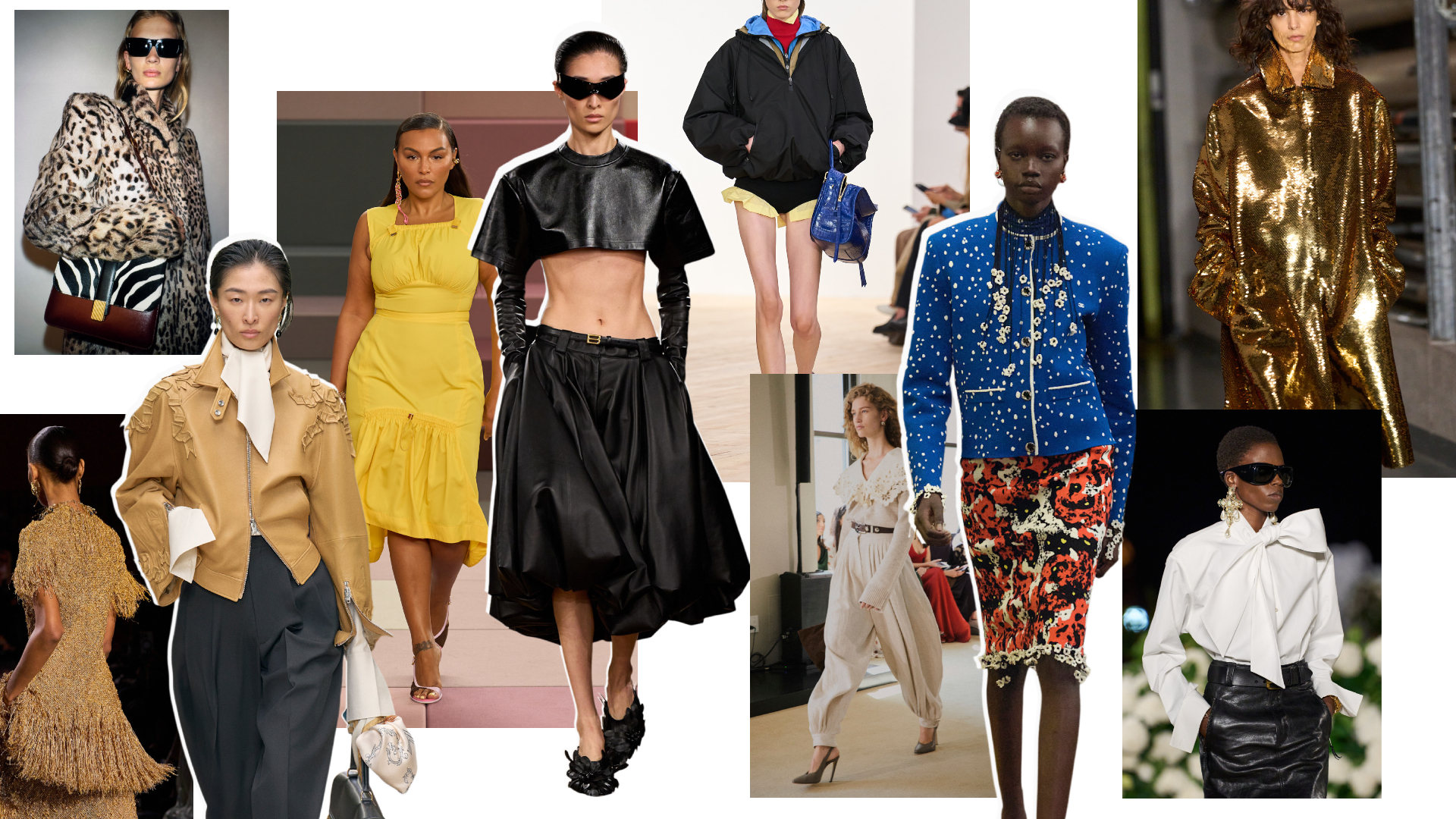 a collage of the 2026 fashion trends at Khaite, Fendi, Balenciaga, Loewe, Chanel, Jean Paul Gualtier, Chanel, Celine, Altuzarra, and Saint Laurent