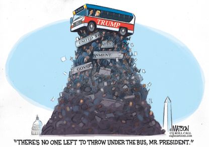 Political cartoon U.S. Trump bus government FBI Russia investigation