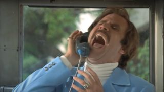 Will Ferrell shouting in a phone booth in Anchorman: The Legend of Ron Burgundy.