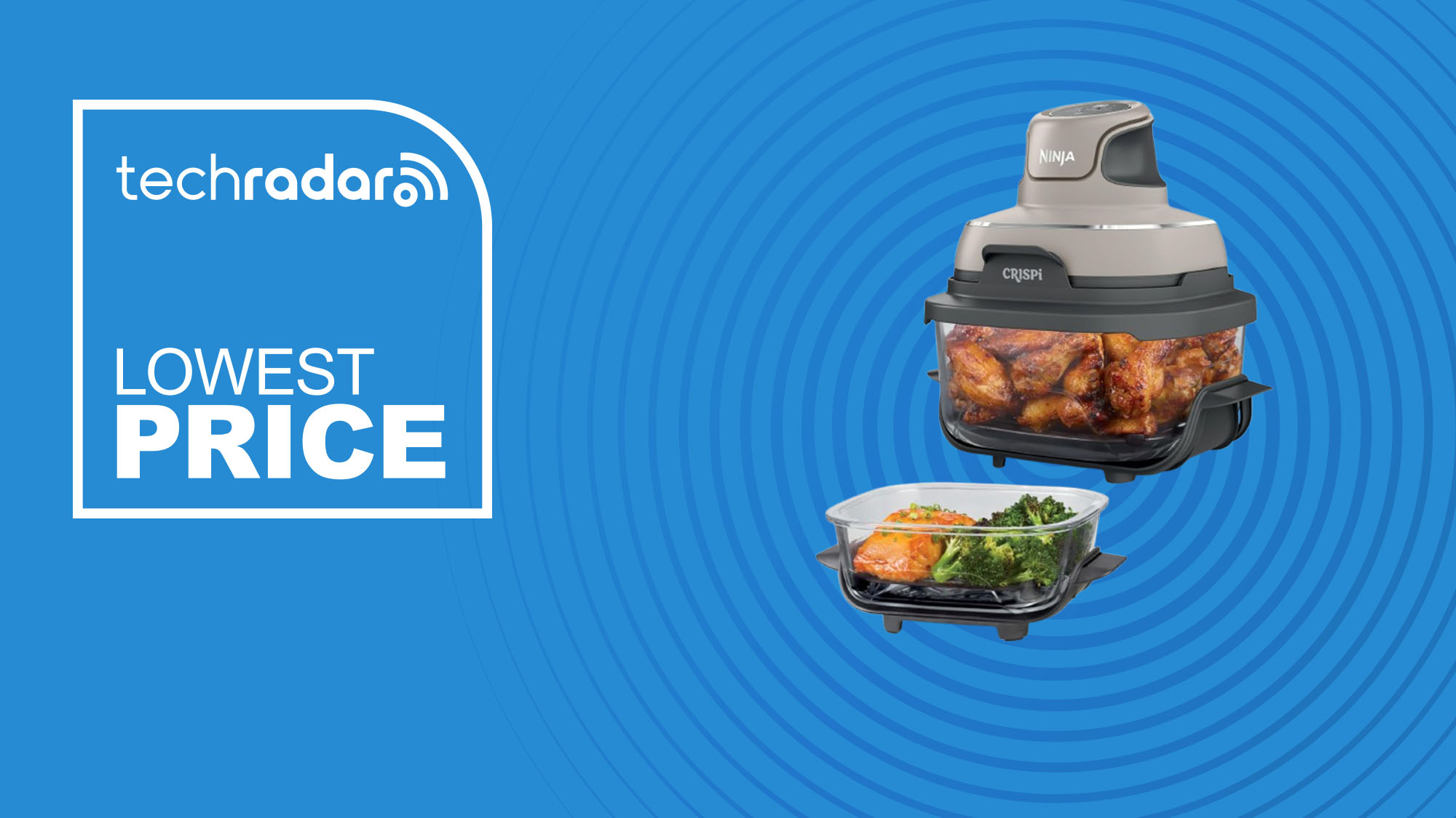 The Ninja Crispi on a blue background with text saying Lowest Price.