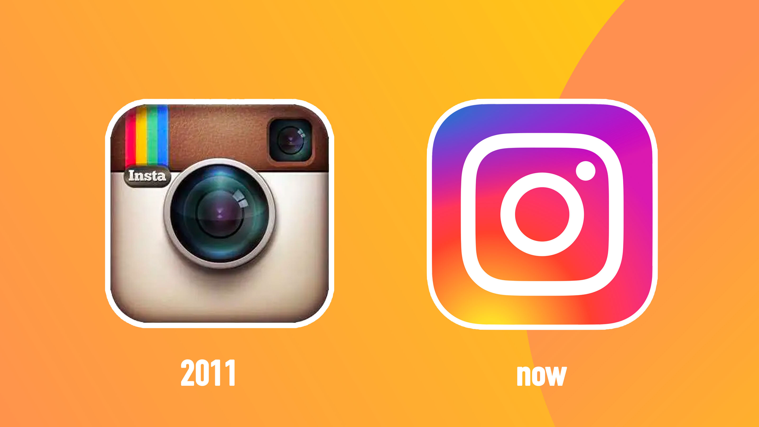 A shot of the original and current logo for Instagram on an orange background