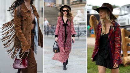 Women wearing boho style fashion - a fringed jacket, floaty floral dress and embroidered jacket and hat 