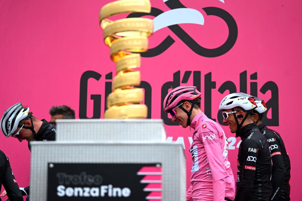 ALPAGO ITALY MAY 25 Tadej Pogacar of Slovenia and UAE Team Emirates Pink Leader Jersey prior to the 107th Giro dItalia 2024 Stage 20 a 184km stage from Alpago to Bassano del Grappa UCIWT on May 25 2024 in Alpago Italy Photo by Dario BelingheriGetty Images