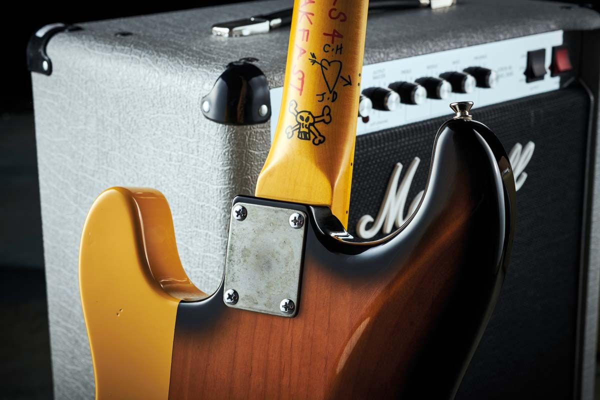 The Punkaster&rsquo;s bolt-on maple neck has been vandalised like a toilet stall wall. There&rsquo;s rude etchings and names and phone numbers. The cut back finish also gives the illusion of big-money nitrocellulose.
