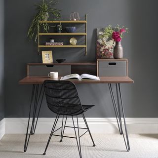 home office room with grey walls and wooden table