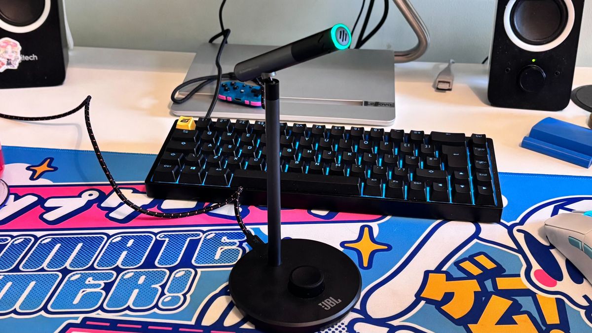 The JBL Quantum Stream Talk set up on a desk.