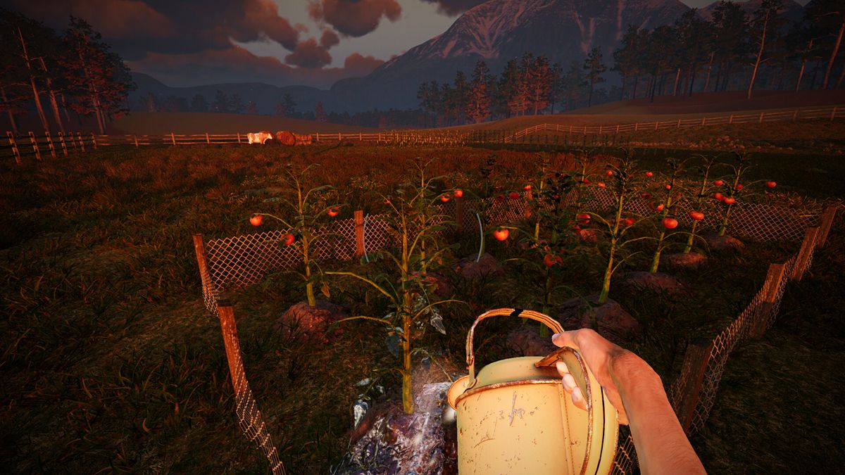 We Harvest Shadows screenshot showing a first-person view of someone watering their crops out on a farm&#039;s fields