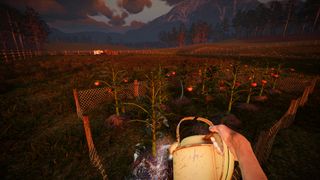 We Harvest Shadows screenshot showing a first-person view of someone watering their crops out on a farm's fields