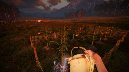 We Harvest Shadows screenshot showing a first-person view of someone watering their crops out on a farm's fields