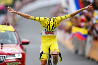 ISOLA 2000 FRANCE JULY 19 Tadej Pogacar of Slovenia and UAE Team Emirates Yellow Leader Jersey celebrates at finish line as stage winner during the 111th Tour de France 2024 Stage 19 a 1446km stage from Embrun to Isola 2000 2022m UCIWT on July 19 2024 in Isola 2000 France Photo by Dario BelingheriGetty Images