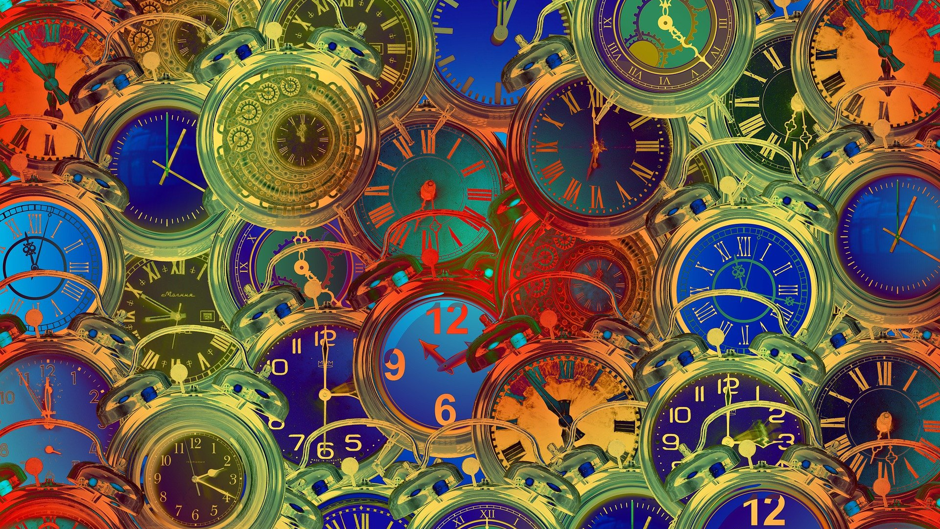 A series of blue and red and green and orange analog clocks all superimposed on each other