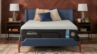 Best cooling mattress: image shows the Tempur-Pedic Tempur Breeze Luxe shown with a black base and white top