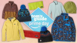 an image of various patagonia clothes including the torrentshell 3l and the synchilla fleece with a blue tom's guide deals prime day badge