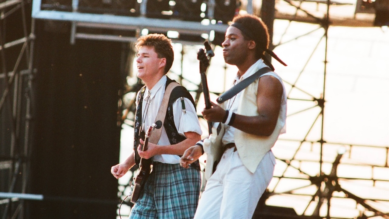Stuart Adamson and Tony Butler of Big Country perform live on stage at Knebworth Park on June 9th, 1986 at Knebworth in Hertfordshire, United Kingdom.