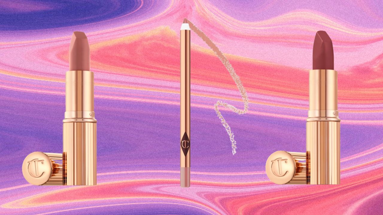 Charlotte Tilbury&#039;s Pillow Talk lipsticks in medium, original and in the lip liner pictured on a pink and purple marbled template