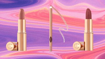 Charlotte Tilbury's Pillow Talk lipsticks in medium, original and in the lip liner pictured on a pink and purple marbled template