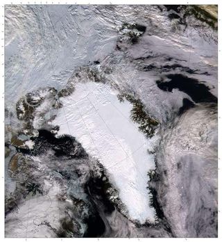 Ice topped Greenland can be seen in this cloud-free satellite image.