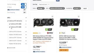 screesnhot showing only two Nvidia RTX 30 series cards in stock
