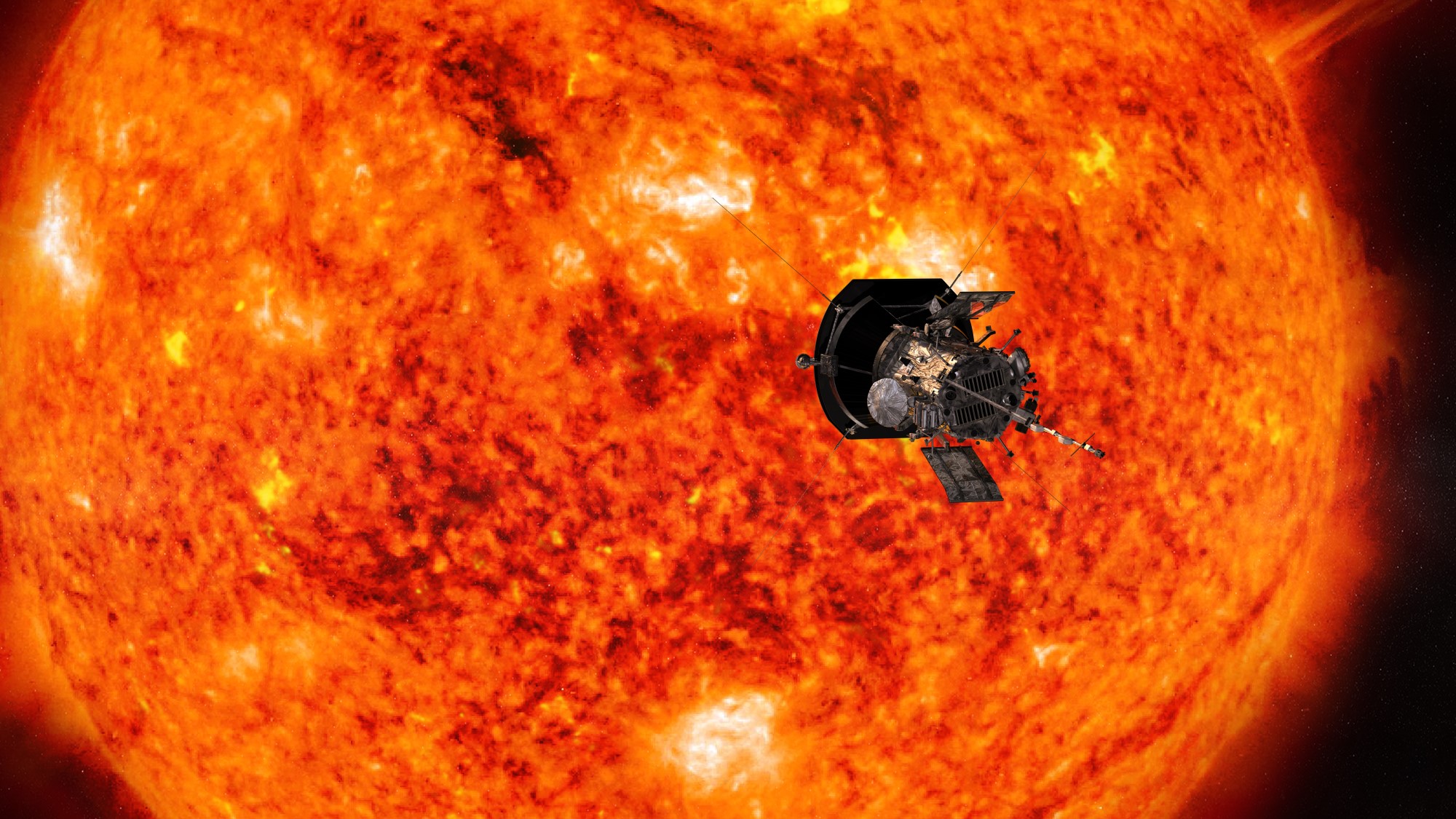 spacecraft in front of textured sun surface