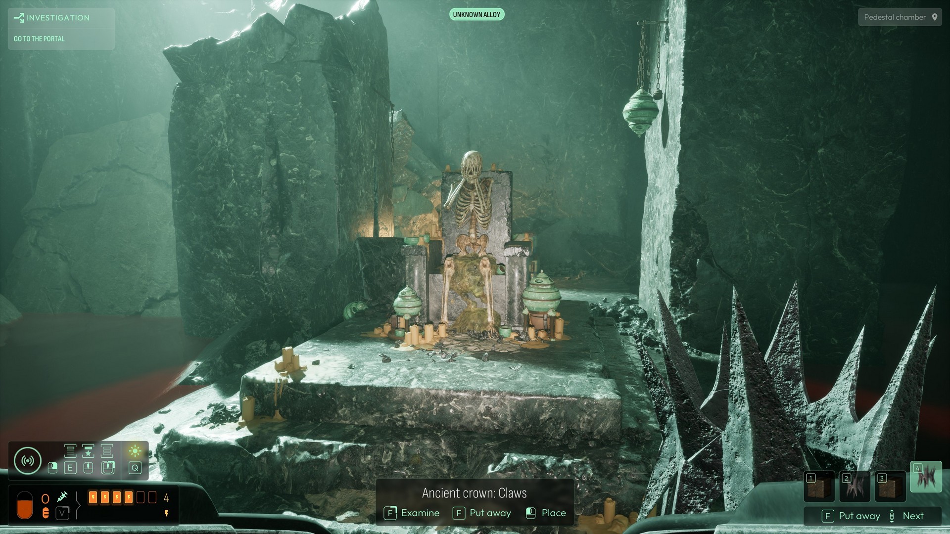 Looking at a skeleton posed with its eyes covered on a throne in a green-tinged, rocky room in Cthulhu: The Cosmic Abyss
