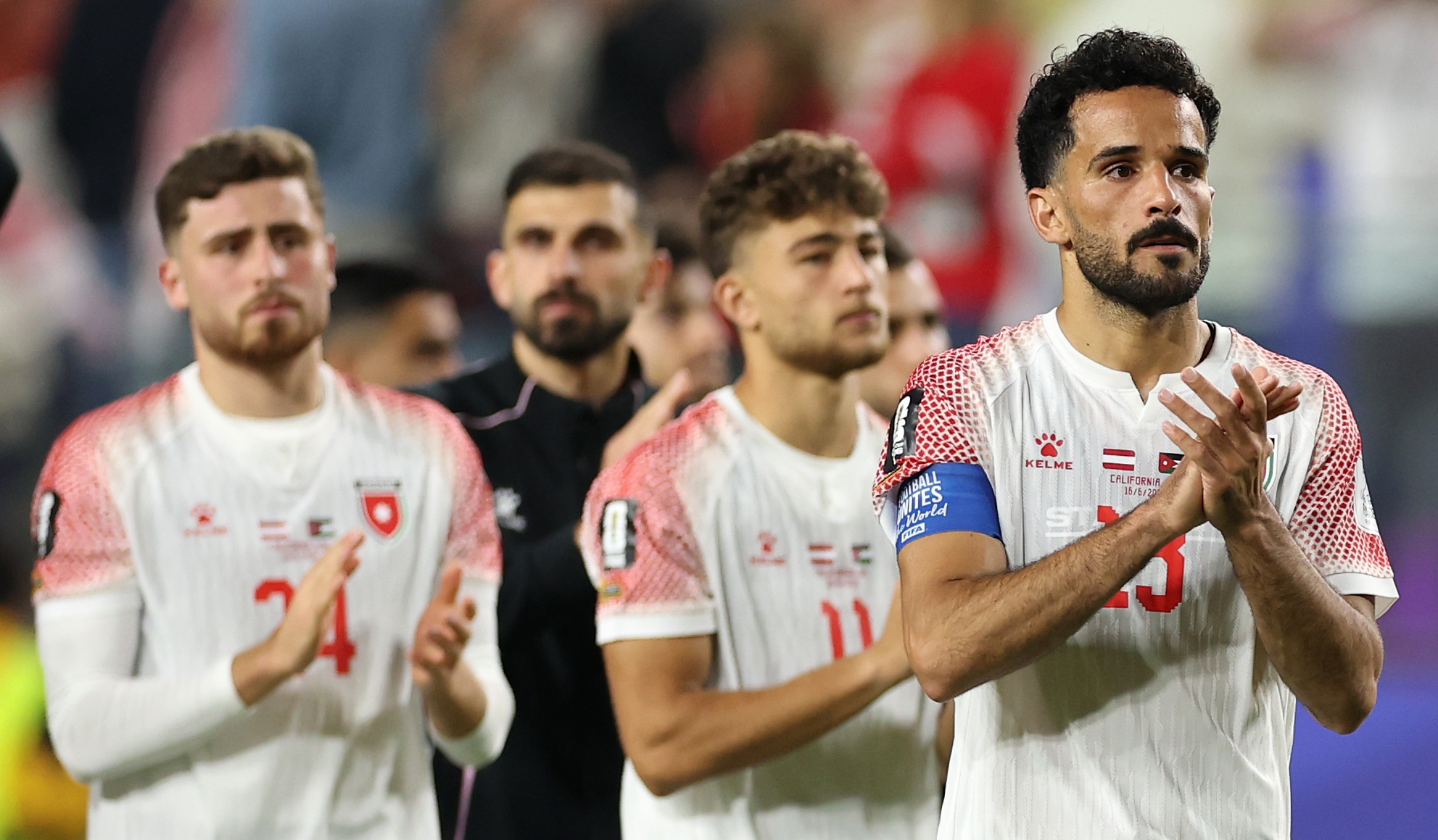 Mahmoud Almardi of Jordan applauds fans after the team's 1-3 loss in the FIFA World Cup 2026 Group J match against Austria at San Francisco Bay Area Stadium on June 16, 2026 in Santa Clara, California