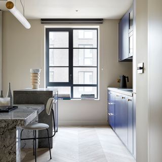 Modern kitchen with blue kitchen units, large window with blinds