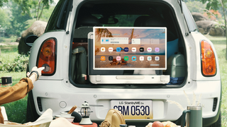 LG StanbyME Go set up for outdoor use in the boot of a car