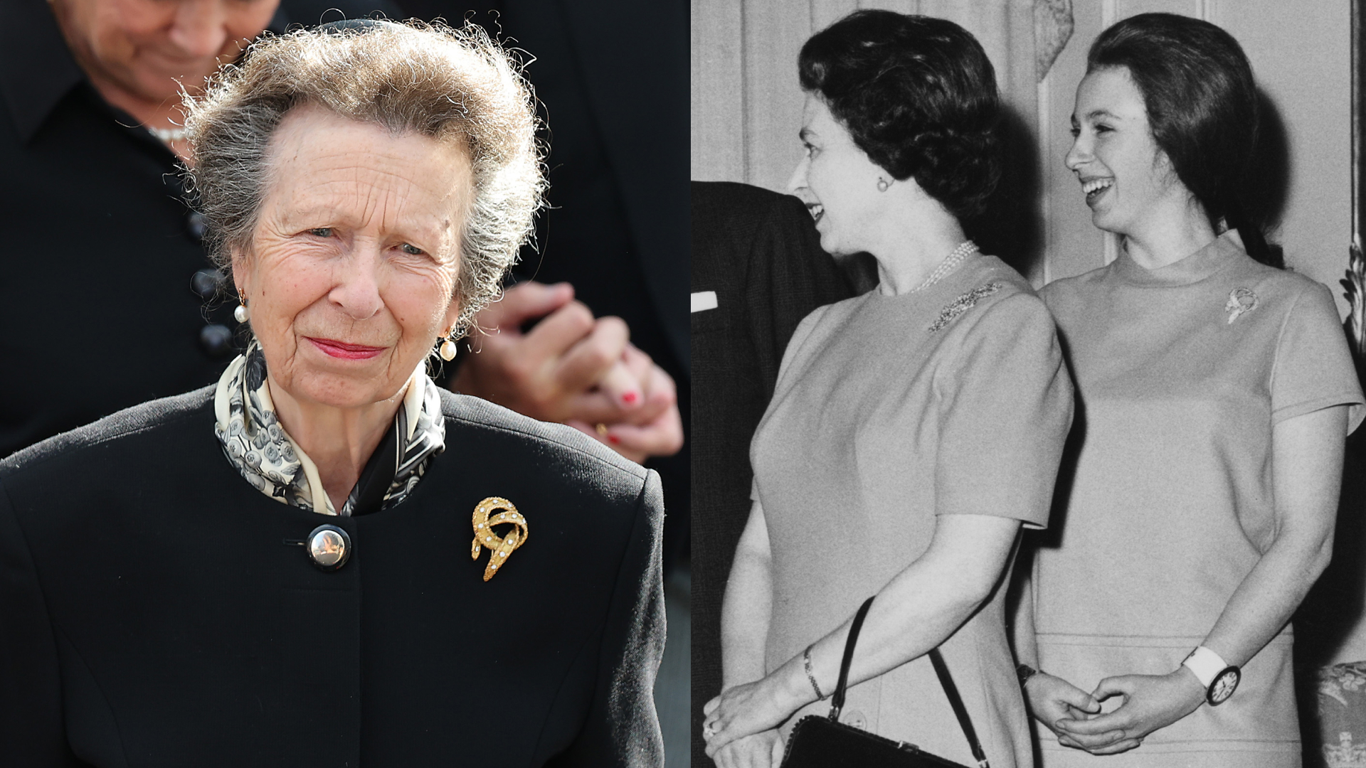 A split image of Princess Anne wearing a black coat at King Harald's funeral and Anne and Queen Elizabeth in short sleeved dresses in 1969