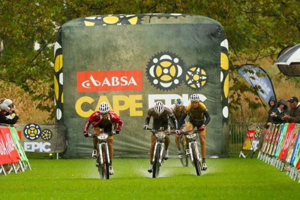 Race leaders Burry Stander and Christoph Sauser of 36One-Songo-Specialized win the sprint finish against Bulls 2 during stage 5 of the 2012 Absa Cape Epic Mountain Bike stage race from the Overberg Primary