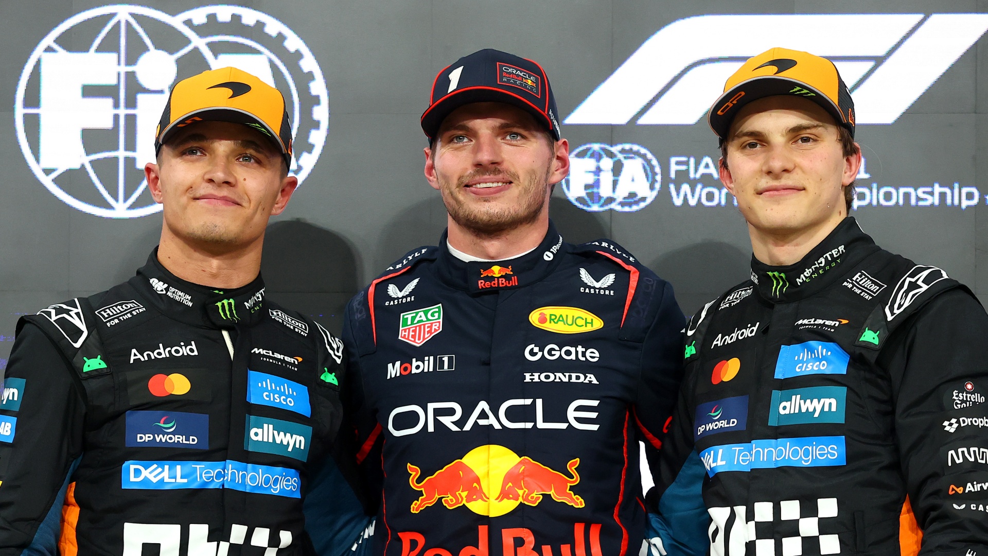 McLaren&#039;s Lando Norris and Oscar Piastri flanking Red Bull&#039;s Max Verstappen at the Abu Dhabi Grand Prix