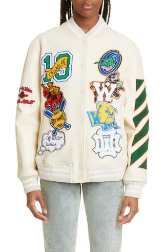 Embroidered Slogan Patch Wool Blend Varsity Jacket