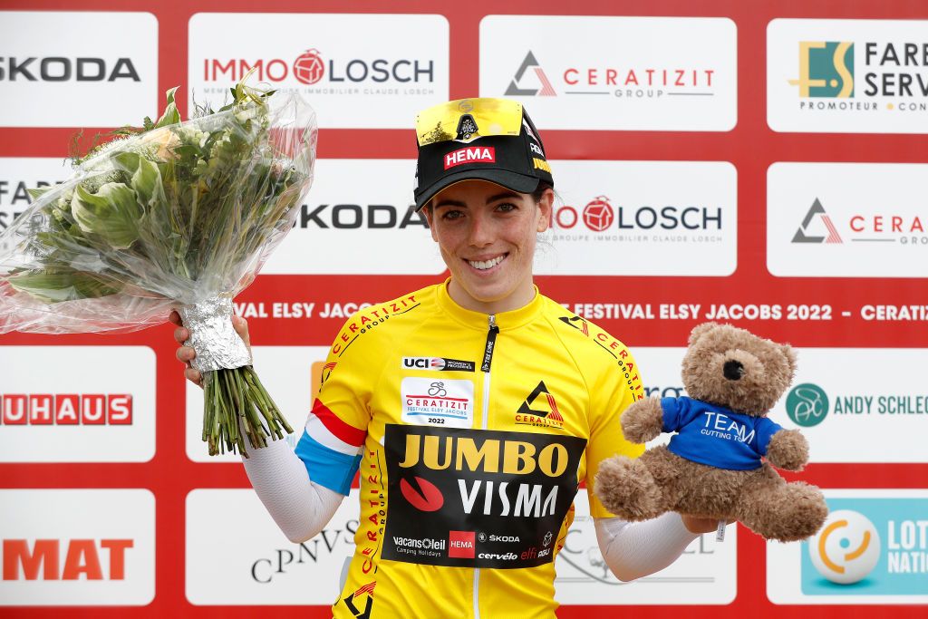 LUXEMBOURG CESSANGE LUXEMBOURG APRIL 29 Anna Henderson of United Kingdom and Jumbo Visma Women Team celebrates at podium as Yellow Leader Jersey winner during the 14th Ceratizit Festival Elsy Jacobs 2022 Prologue a 22km Individual Time Trial stage from Cessange to Cessange ITT felsy on April 29 2022 in Luxembourg Cessange Luxembourg Photo by Bas CzerwinskiGetty Images