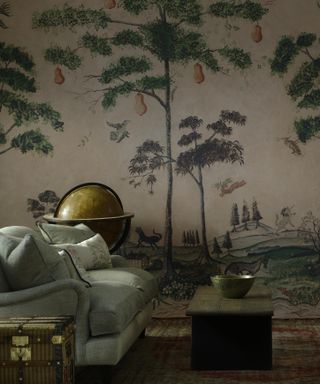 Kit Kemp designed wallpaper mural in a dark living room