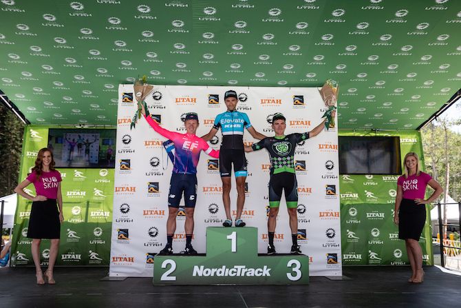 The podium after the prologue at the 2019 Tour of Utah: winner James Piccoli (Elevate-KHS) flanked by second-placed Lawson Craddock (EF Education First) and Serghei Tvetcov (Worthy Pro Cycling)