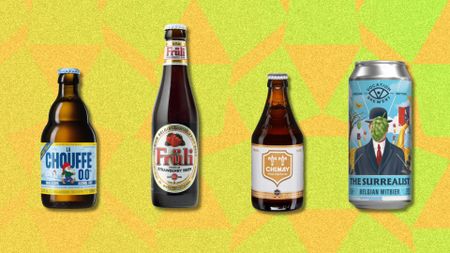 an image of four belgain beers against a yellow patterned background. From L-R: Chouffe, Früli, Chimay, The Surrealist