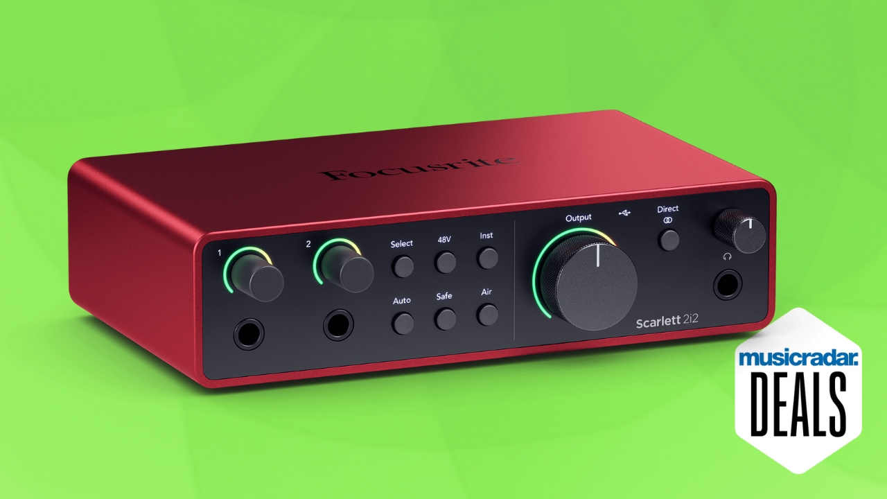 A Focusrite Scarlett 2i2 4th Gen audio interface on a green background