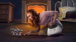 Sadie Sink, in a lilac knit and holding a white Prada shoulder bag, kneels on a wooden floor reaching for a spotted Prada loafer that three cartoon mice are carrying away.
