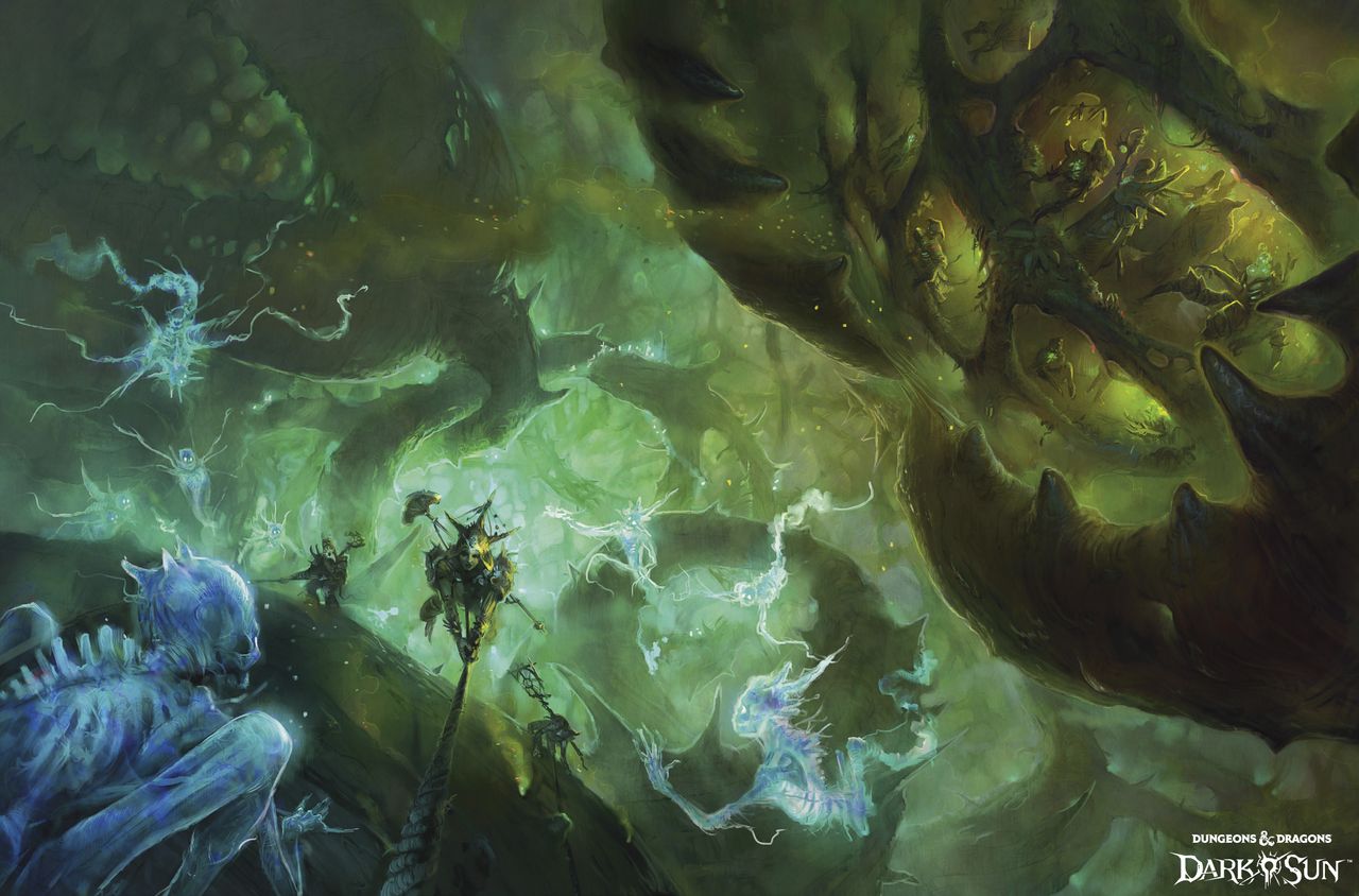 Ghosts patrol a glowing fungi city