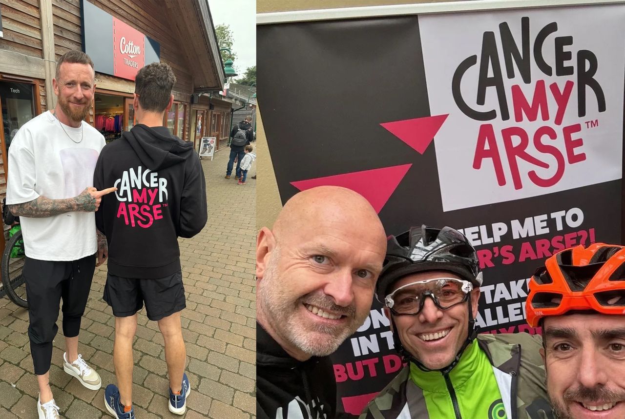 Bradley Wiggins with a Cancer My Arse hoodie, and Kev Griffiths with supporters