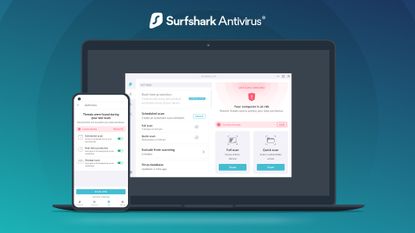 Surfshark antivirus interface on laptop and smartphone