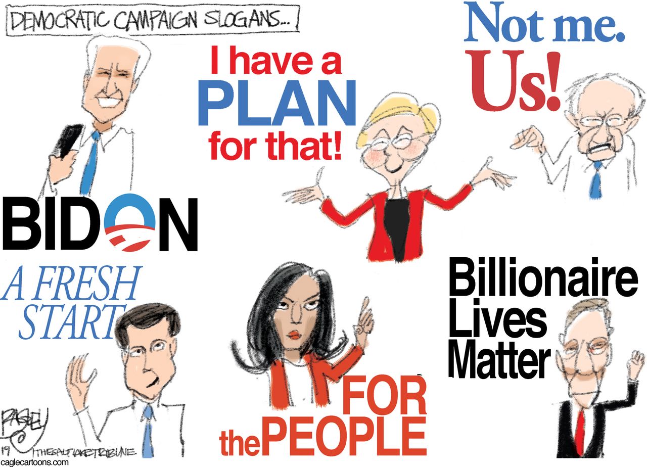 Political Cartoon U.S. Democratic Campaign Slogans 2020