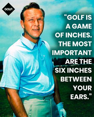 A golfer poses for a photo with a quote overlayed