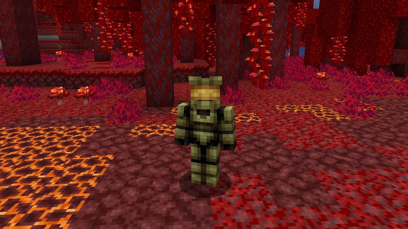 Uma skin Minecraft do Master Chief em uma floresta vermelha do Nether