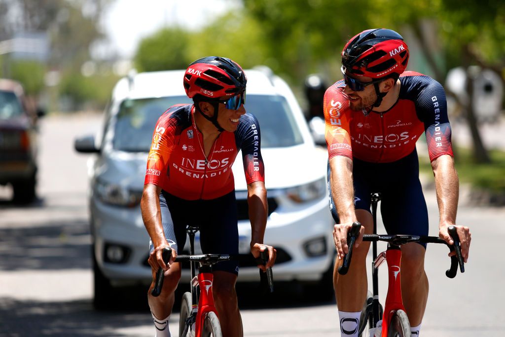 SAN JUAN ARGENTINA JANUARY 20 LR Egan Arley Bernal Gomez of Colombia and Filippo Ganna of Italy and Team INEOS Grenadiers during the 39th Vuelta a San Juan International 2023 Training Session on January 20 2023 in San Juan Argentina Photo by Maximiliano BlancoGetty Images