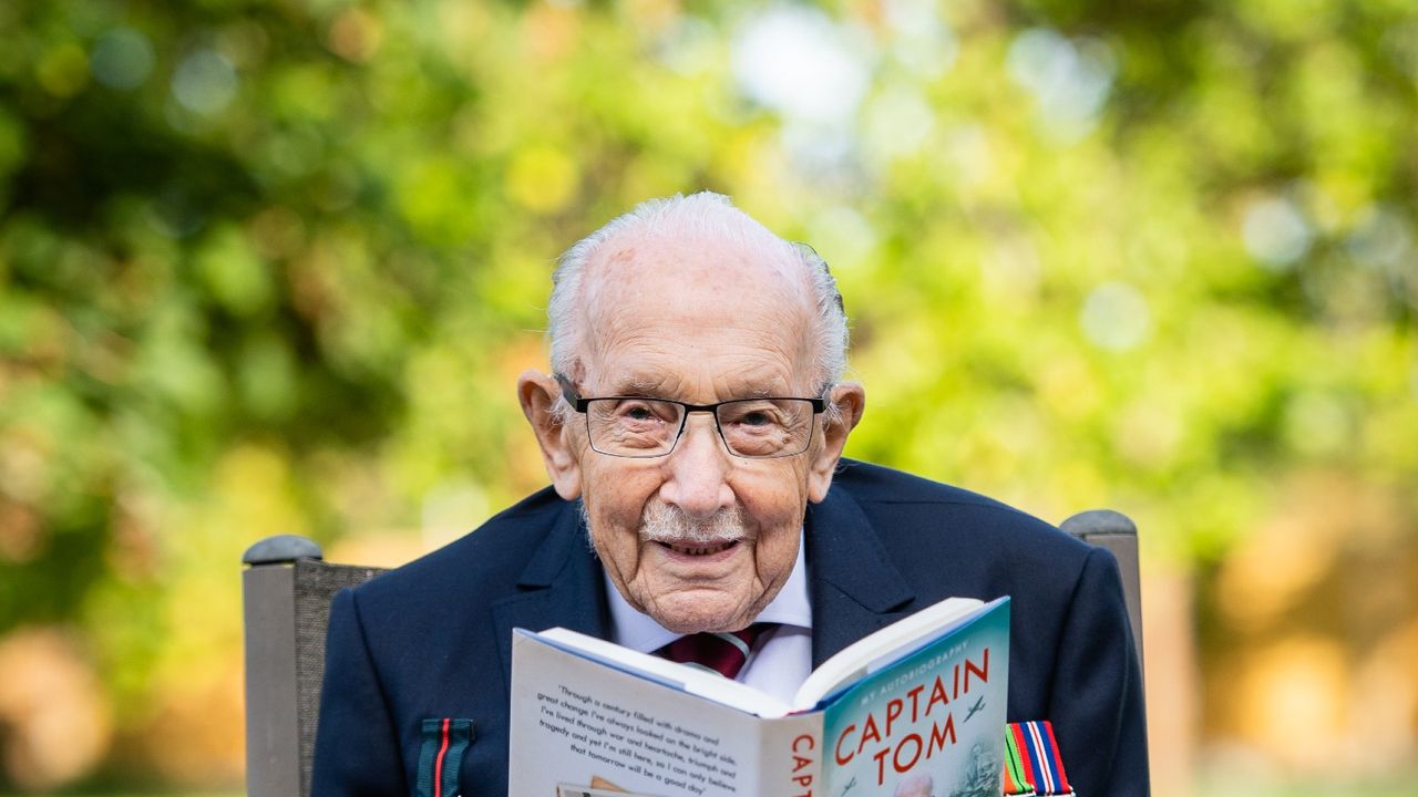 MILTON KEYNES, ENGLAND - SEPTEMBER 17: Captain Sir Tom Moore poses during a photocall to mark the launch of his memoir &quot;Tomorrow Will Be A Good Day&quot; at The Coach House on September 17, 2020 in Milton Keynes, England. (Photo by Samir Hussein/WireImage)